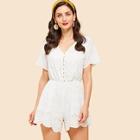 Shein Button Front Embroidered Eyelet Scallop Jumpsuit