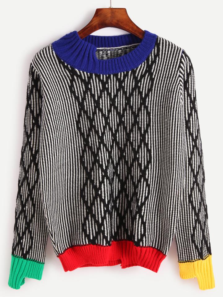 Shein Contrast Trim Geometric Print Sweater