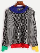 Shein Contrast Trim Geometric Print Sweater