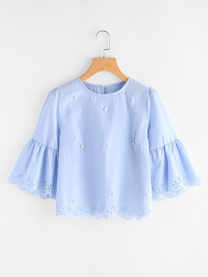 Shein Laser Cut Scallop Trim Trumpet Sleeve Pearl Embellished Top