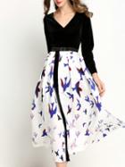 Shein Black V Neck Belted Birds Print Dress