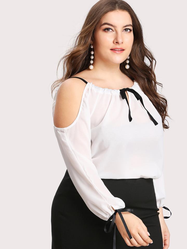 Shein Open Shoulder Tie Detail Blouse