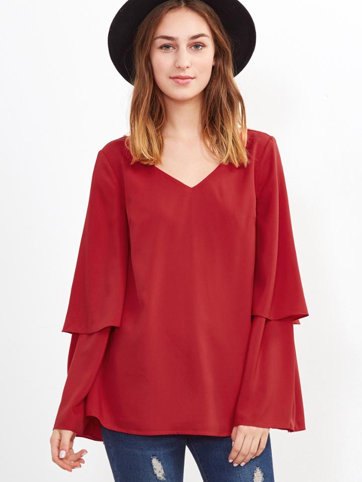 Shein Red V Neck Bell Sleeve Keyhole Back Top