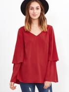 Shein Red V Neck Bell Sleeve Keyhole Back Top