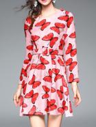 Shein Pink Butterfly Print Belted A-line Dress
