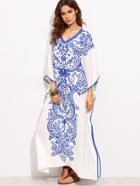 Shein Blue Print In White V Neck Batwing Sleeve Maxi Dress