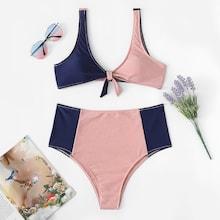 Shein Plus Two Tone Knot Front Bikini Set
