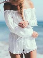 Shein Off The Shoulder Flounce White Romper With Drawstring