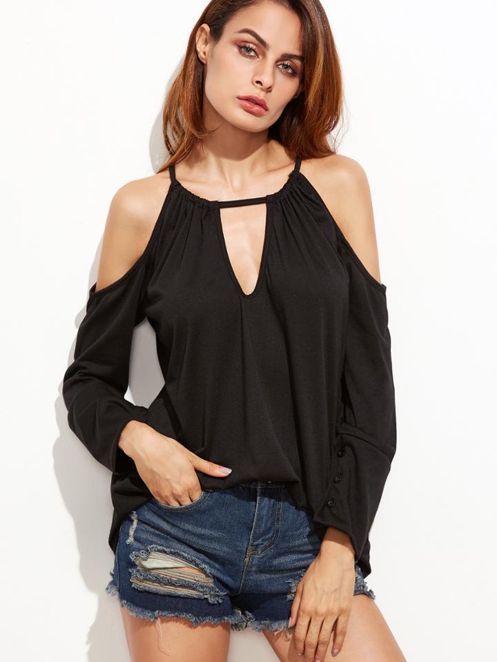 Shein Black Cold Shoulder Split Tie Back T-shirt