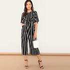 Shein Slant Pocket Knot Striped Jumpsuit