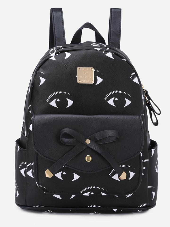 Shein Black Eyes Print Bow Flap Pocket Backpack