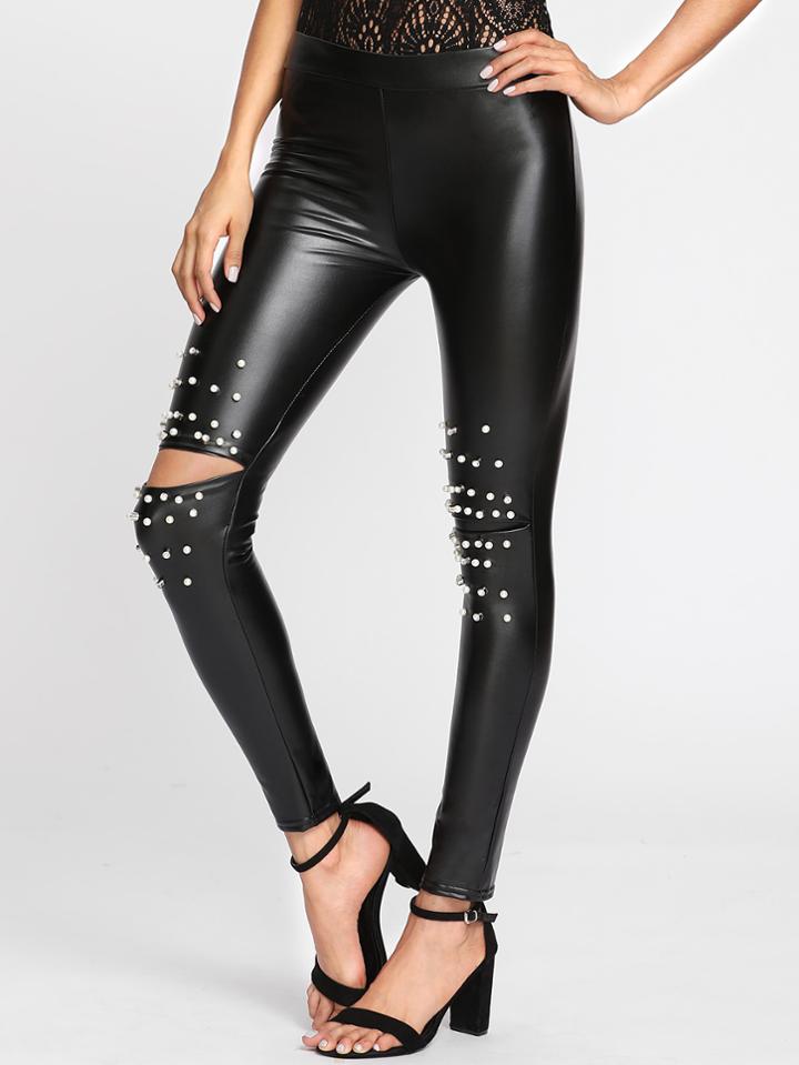 Shein Ripped Knee Pearl Beading Pu Leggings