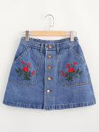 Shein Floral Embroidered Single Breasted A Line Denim Skirt