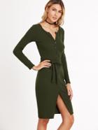 Shein Army Green Ribbed Self Tie Slit Front Button Dress
