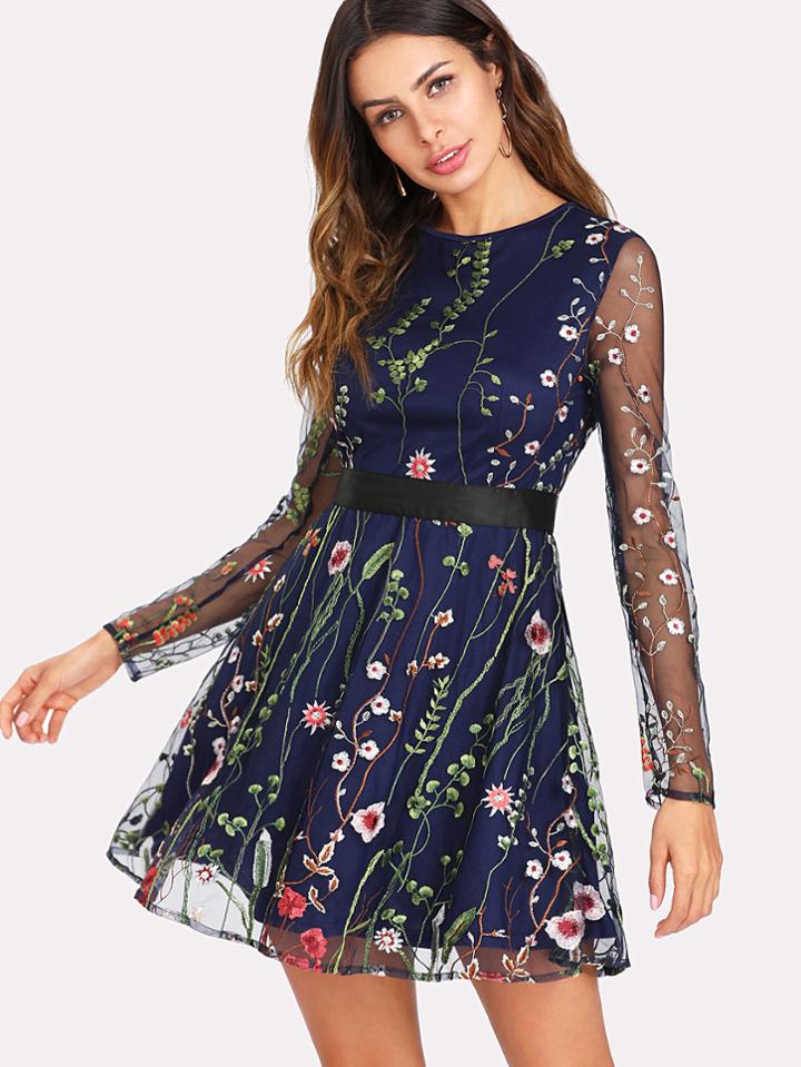 Shein Allover Botanical Embroidery Mesh Sleeve Dress