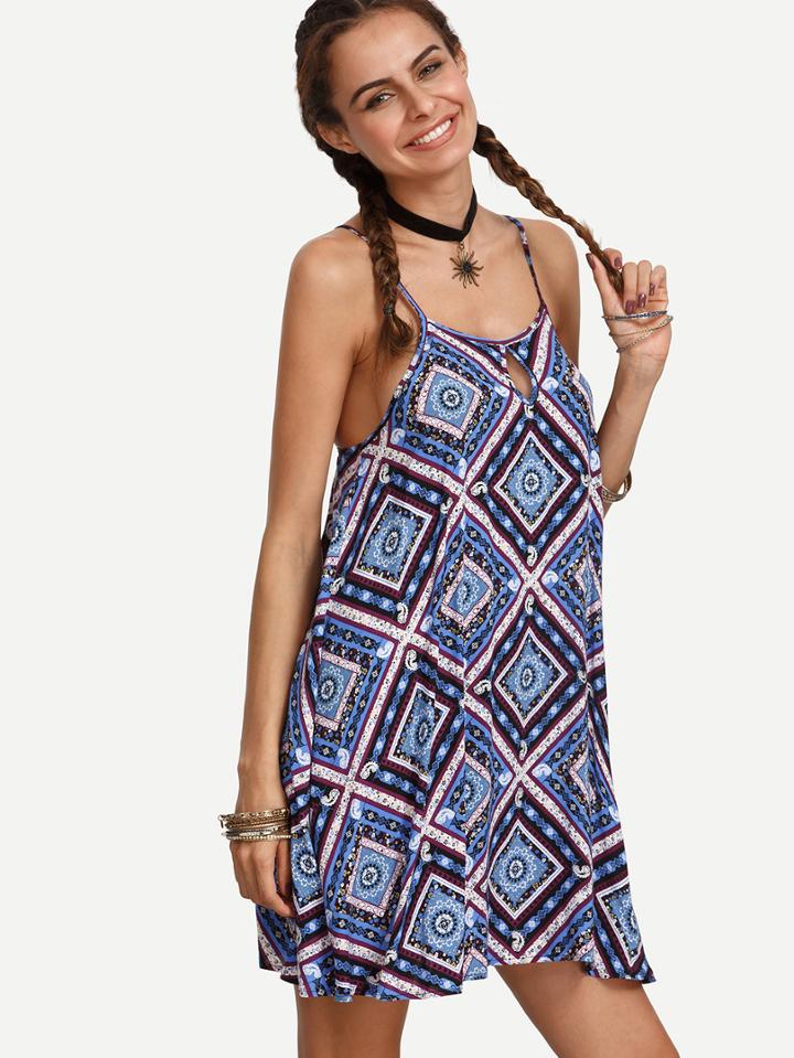 Shein Vintage Print Spaghetti Strap Crisscross Back Dress