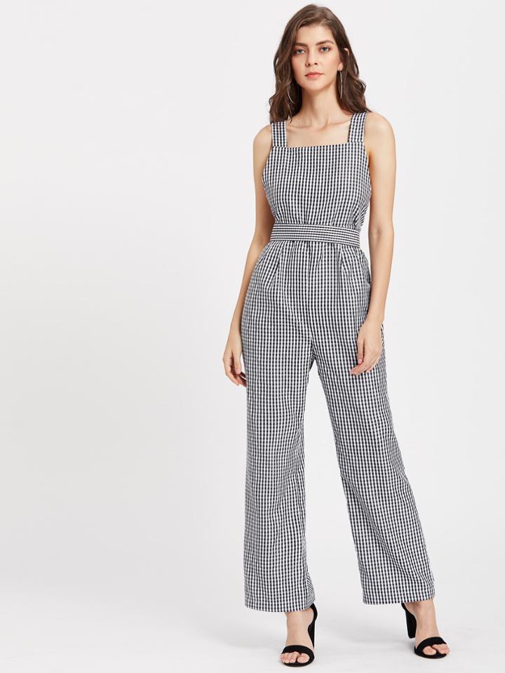 Shein Self Tie Crisscross Back Checkered Pinafore Jumpsuit