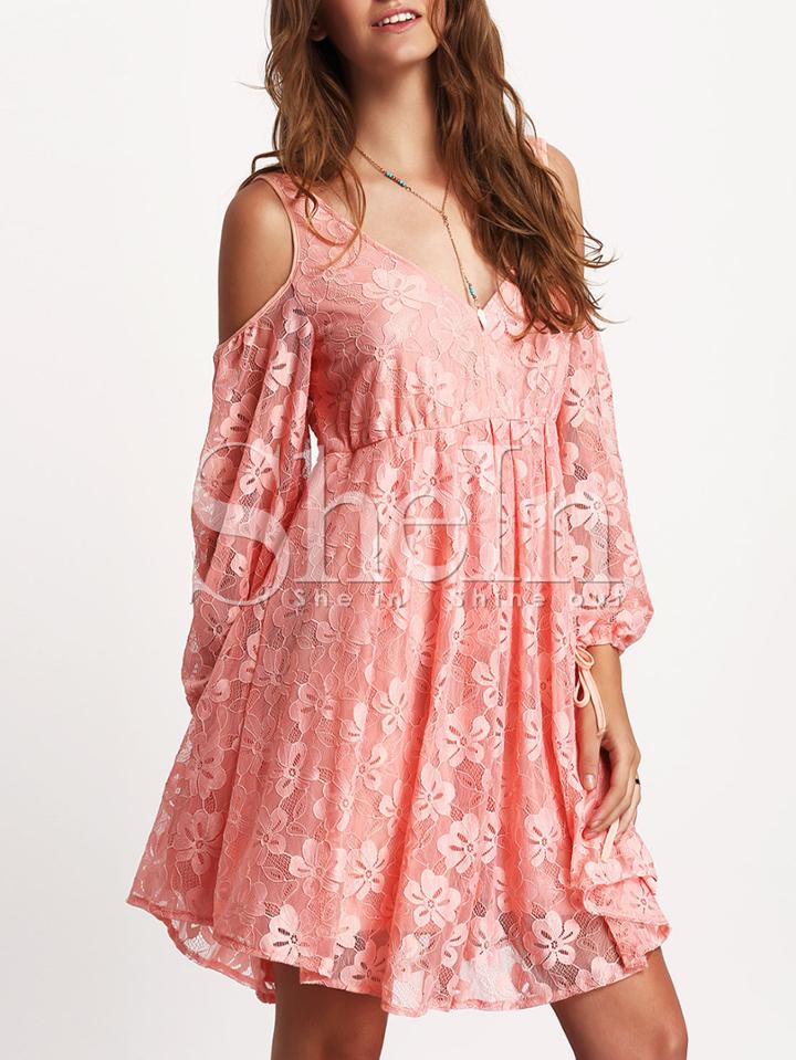 Shein Pink Cold Shoulder Lace Self-tie Back Shift Dress