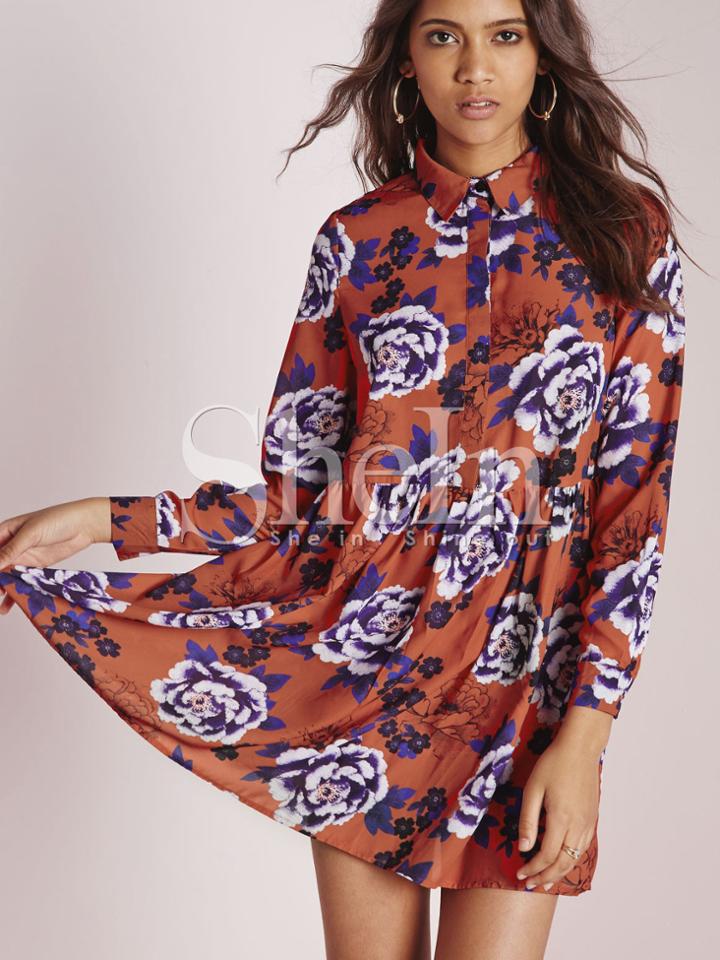 Shein Multicolor Long Sleeve Lapel Floral Dress