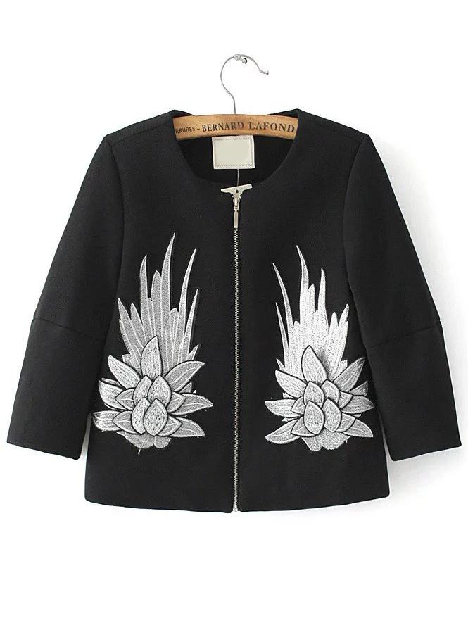 Shein Black Embroidery Zipper Up Coat