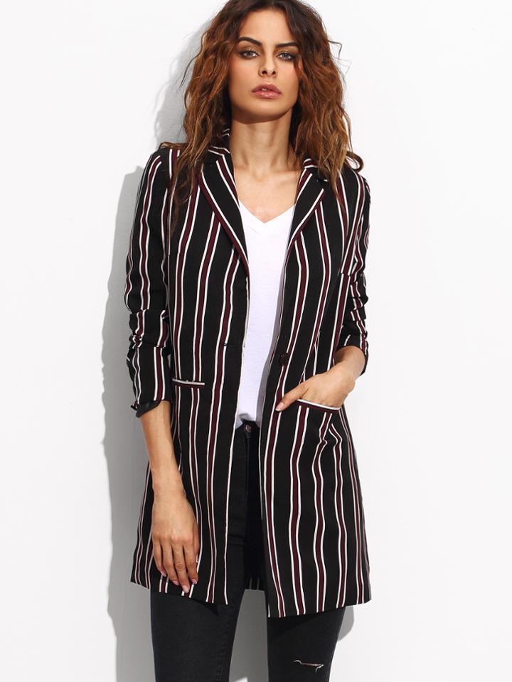 Shein Multicolor Striped Lapel Pockets Long Blazer