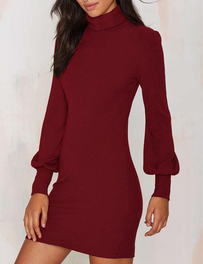 Shein Red High Neck Long Sleeve Slim Bodycon Dress