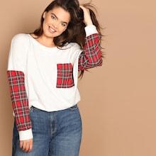 Shein Plus Pocket Patched Plaid Panel Sweatshirt