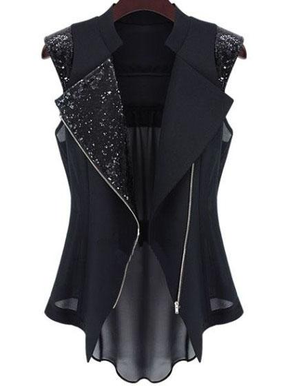 Shein Stand Collar Sequined Chiffon Black Vest Coat