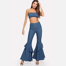 Shein Denim Crop Tube Top With Flare Leg Pants