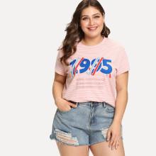 Shein Plus Letter Print Striped Tunic Tee