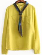 Shein Yellow Long Sleeve Pockets Blouse With Scarve