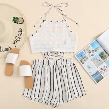 Shein Tie Back Striped Halter Lace Top With Shorts