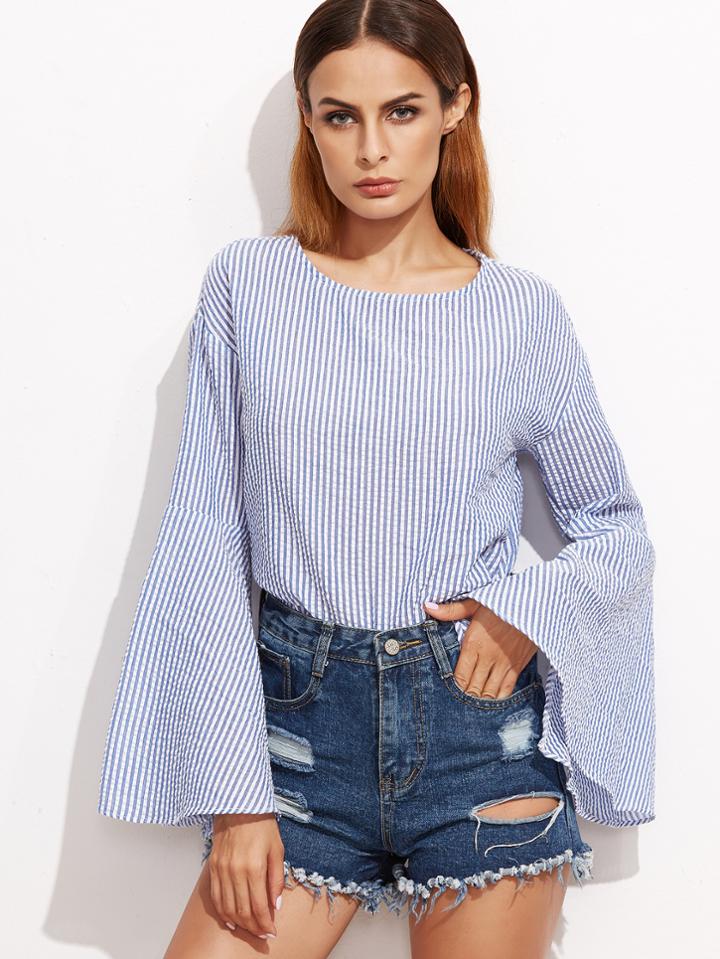 Shein Blue Vertical Striped Bell Sleeve Top