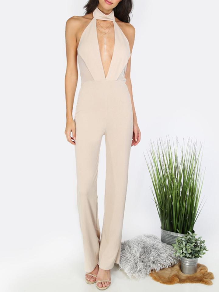 Shein Apricot Halter Cutout Backless Jumpsuit