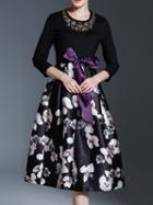 Shein Black Beading Bowknot Print A-line Dress