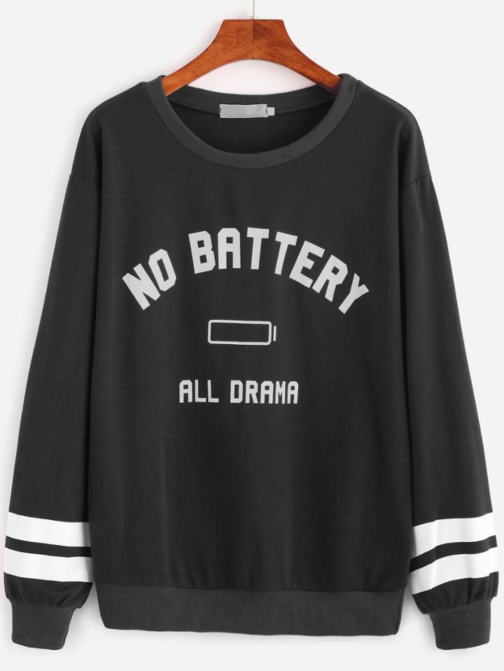 Shein Black Varsity Striped And Letter Print Sweatshirt
