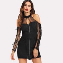 Shein Dot Mesh Insert Cold Shoulder Zip Up Dress