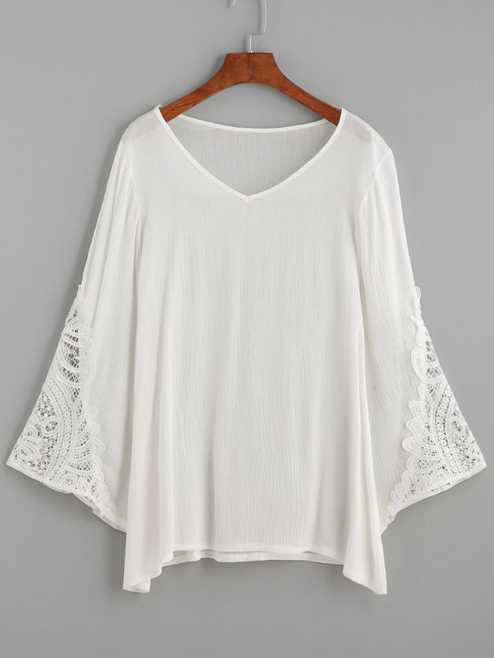 Shein White V Neck Crochet Trim Loose Blouse