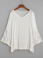 Shein White V Neck Crochet Trim Loose Blouse