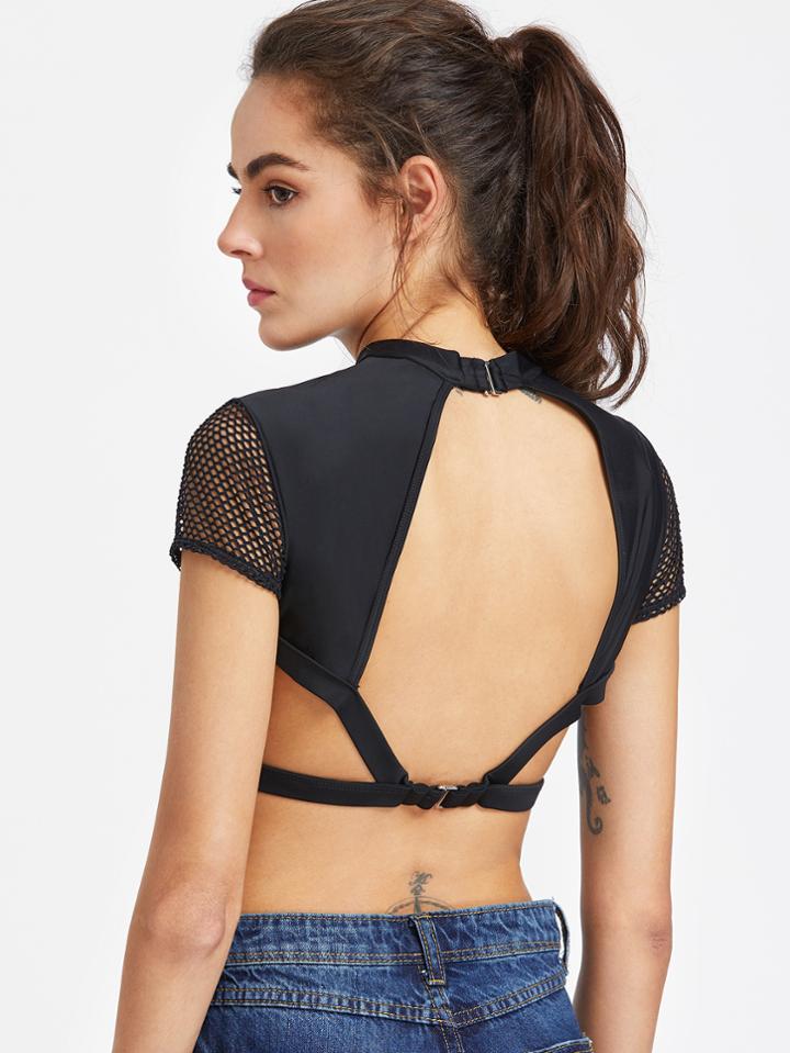 Shein Open Back Strappy Fishnet Super Crop Tee