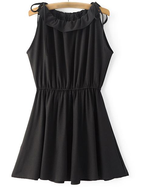 Shein Black Shoulder Self-tie Bow Elastic Waist Skater Dress