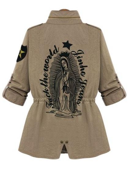 Shein Khaki Stand Collar Drawstring Letter Print Coat