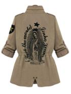 Shein Khaki Stand Collar Drawstring Letter Print Coat