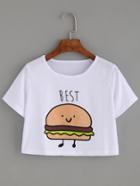 Shein White Hamburger Print Crop T-shirt