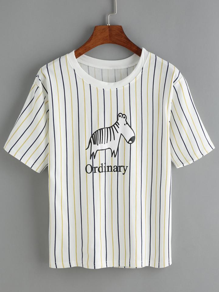 Shein Vertical Striped Dog Print T-shirt
