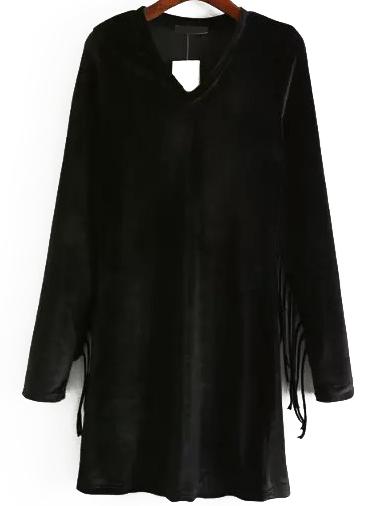 Shein Black V Neck Tassel Velvet Dress