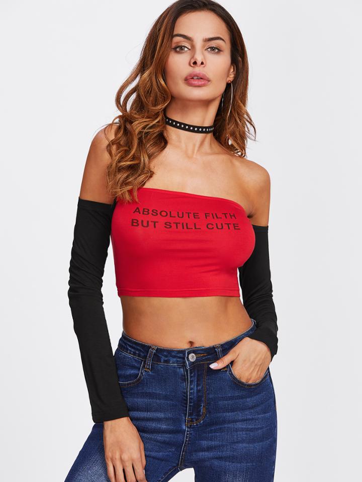 Shein Off Shoulder Contrast Sleeve Slogan Print Crop Tee