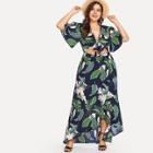 Shein Plus Knot Front Cutout Midriff Tropical Dress