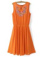 Shein Orange Sleeveless Embroidery Key-hole Front Chiffon Dress