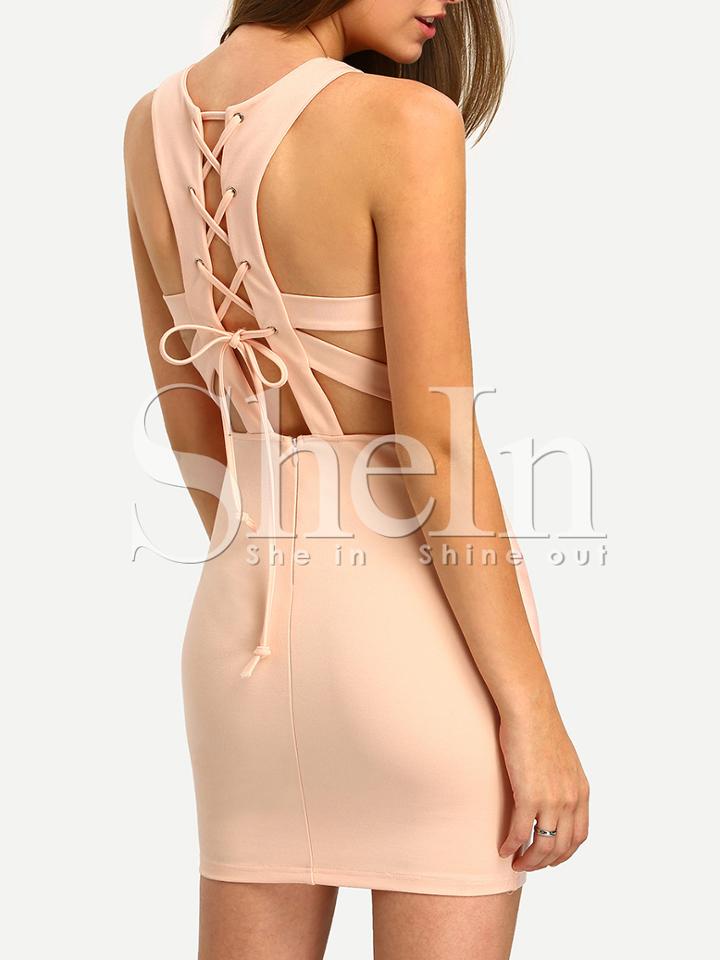 Shein Pink Lace-up Tie Back Bodycon Dress